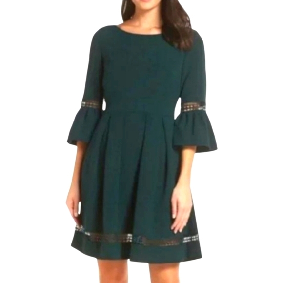 Eliza J Green A-Line Dress with Bell Sleeves Crochet Inlay Fit And Flare Sz 14 - Picture 7 of 8